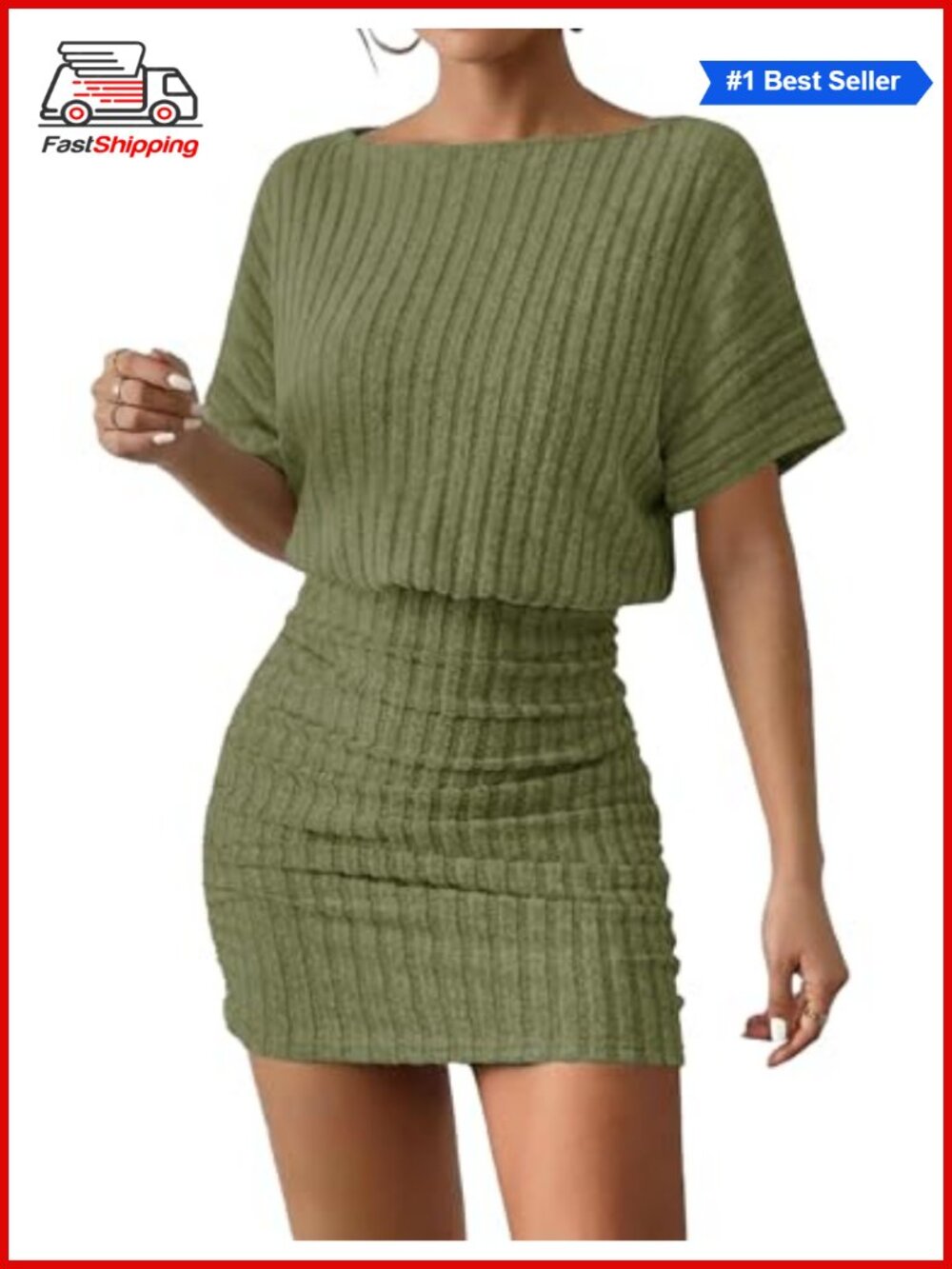 Ribbed Knit Mini Dress Short Sleeve Ruched Bodycon Club Party Casual